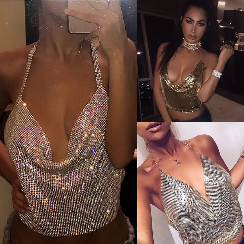 

Summer Women Elegant Sexy Shiny Metal Texture Suspender Top Club Backless Bralette Beach Halter Gold Sequined Tank Top Camisole