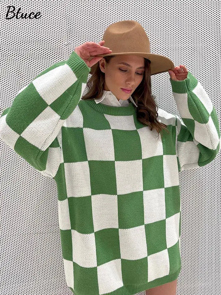 

Autumn Winter Colorblock Plaid Knitted Sweater Pullover Women O-neck Long Sleeve Sweaters 2022 Female Fashion Streetwear Tops