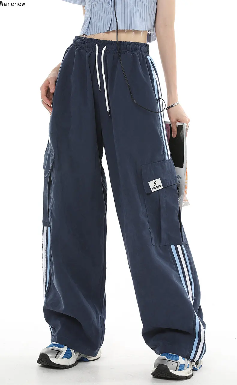 

Полосатые брюки-карго Y2K с широкими штанинами и эластичной талией на шнуровке, Женские винтажные уличные спортивные брюки, повседневные брюки для бега