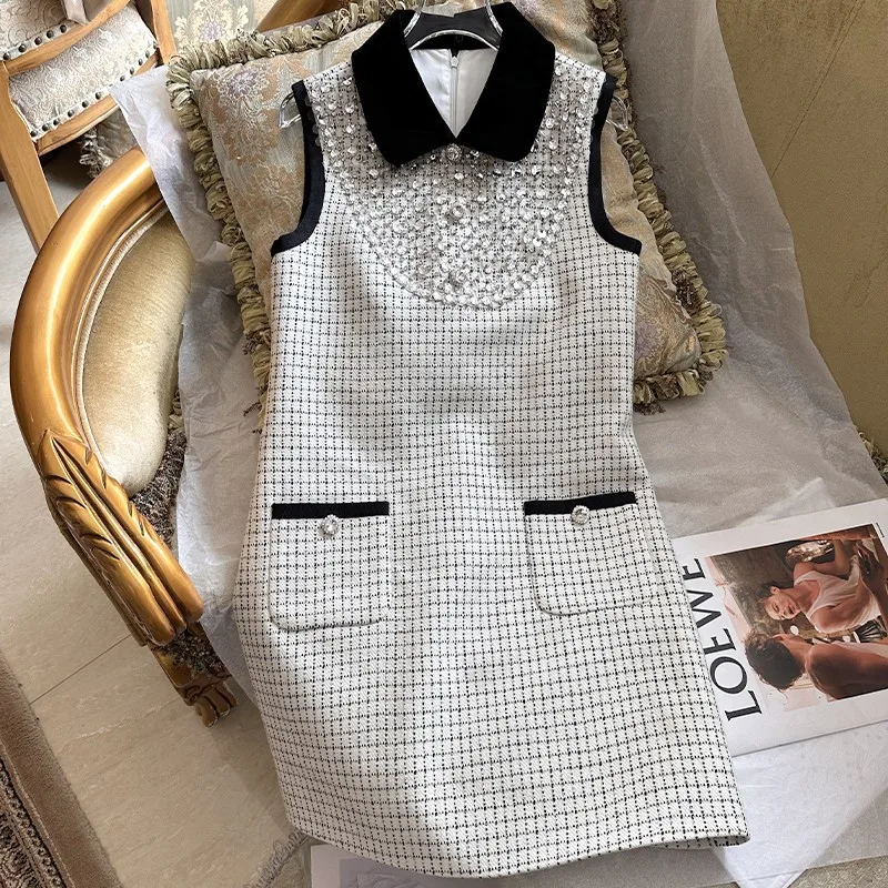 

Женское твидовое платье без рукавов, приталенное платье-трапеция в стиле знаменитостей с шипами и стразами, весна 2023