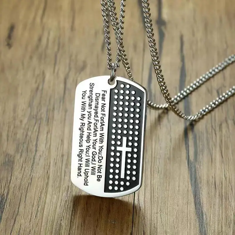 

Vintage Prayer Bible Verse Cross Tag Stainless Steel Dog Tag Pendant Necklace Men's Christian Amulet Jewelry Gift