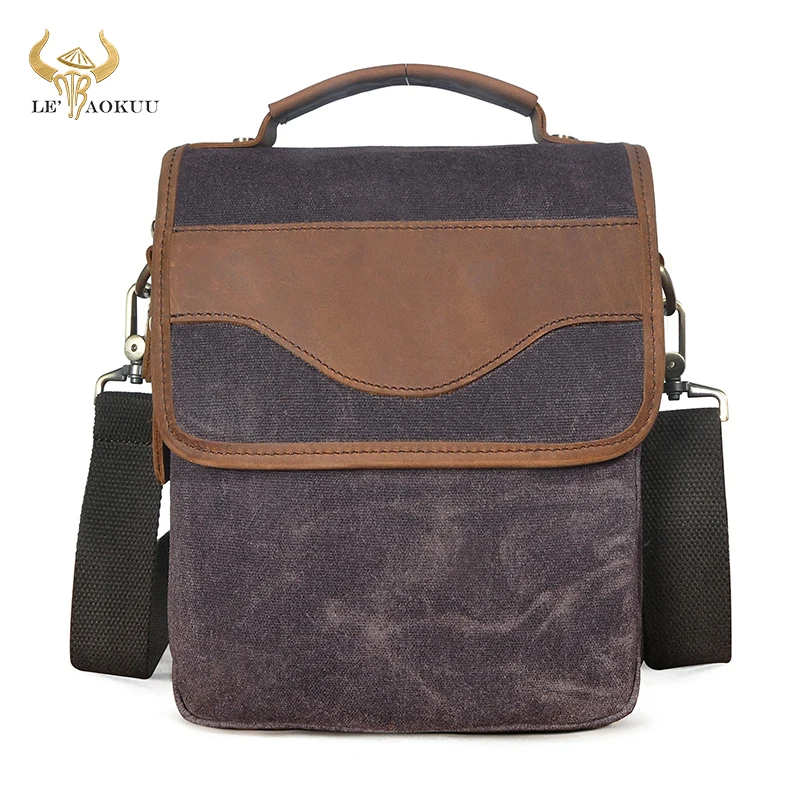 

Hot Sale Canvas+Original Leather Design One Shoulder Messenger Cross-body Bag For Men Male 8" Tablet Tote Mochila Satchel 144