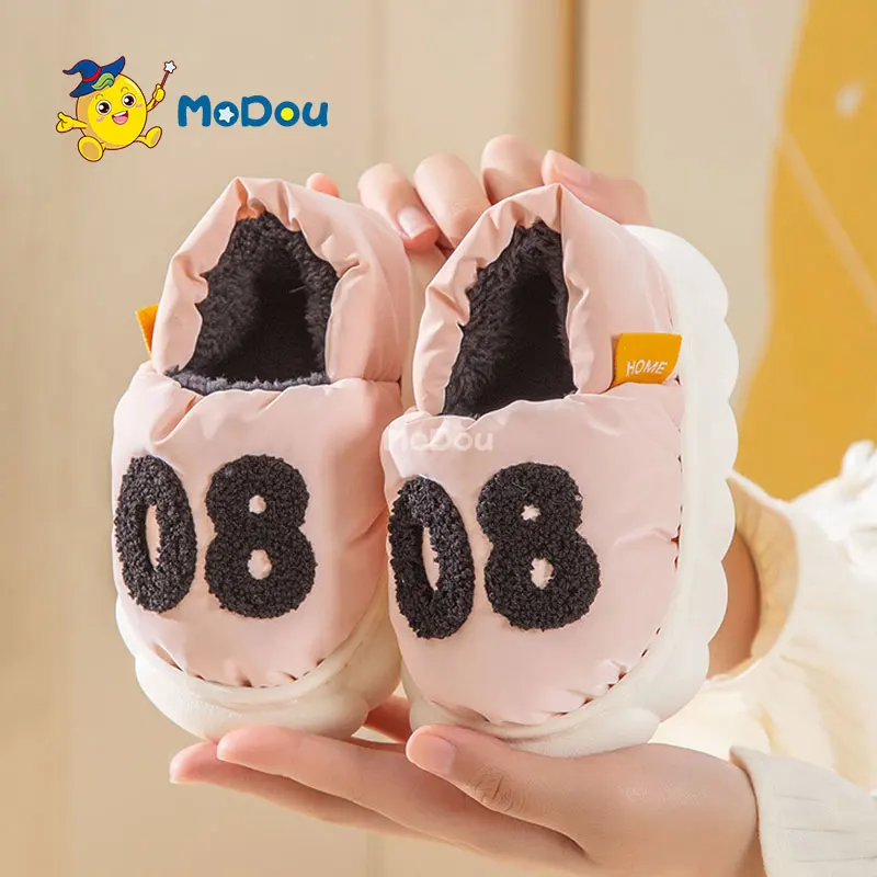 

Mo Dou New Simple Down Cloth Children Slippers Boys Girls Cotton Plush Shoes Indoors Outdoors Warm Slippers Comfortable Lining