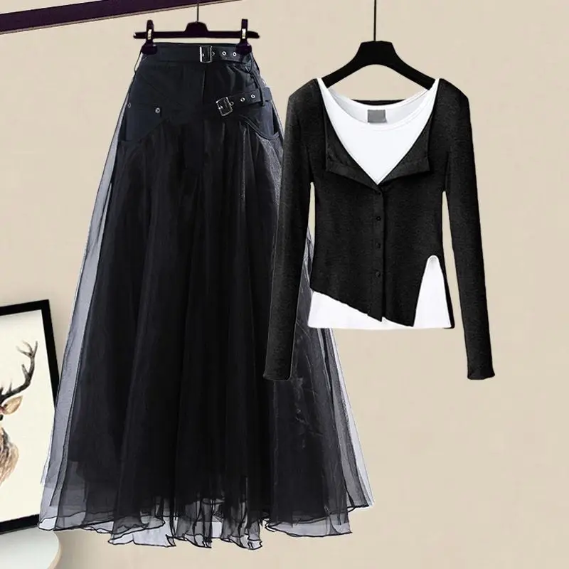 

2023 New Women's Spring Autumn Dress Two Piece Set Korean Elegant Fake Two Piece Pullover Blouse + Patchwork Mesh Skirt Suit
