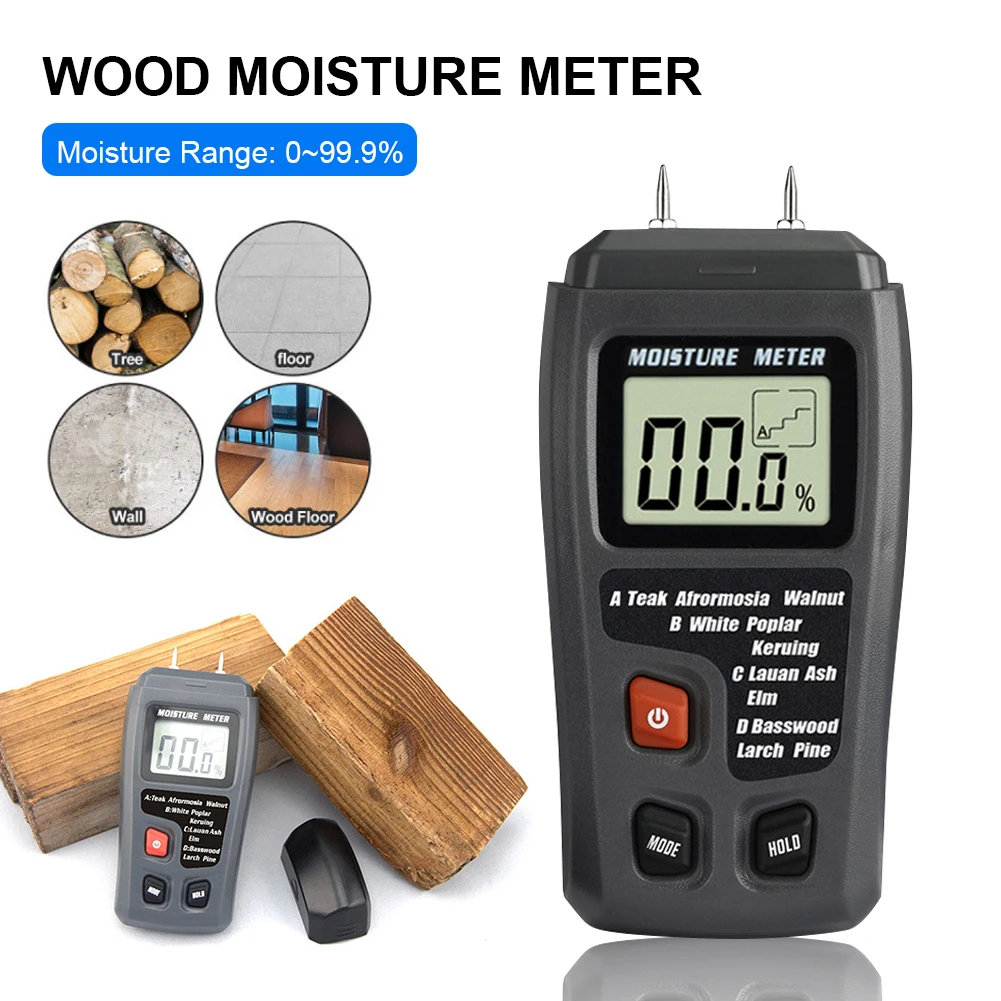 

Цифровой измеритель влажности древесины, двухконтактный тестер влажности древесины 0-99.9%, гигрометр, детектор влажности древесины с больши...