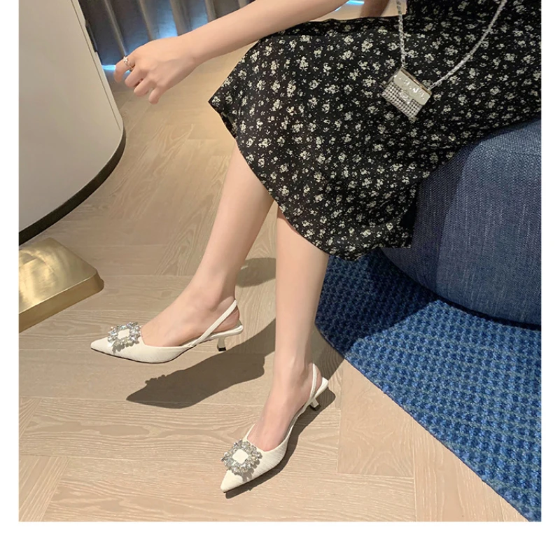 2023 Summer New Square Button Women's Shoes Pointed Hollow High Heel Sandals Women's Middle Heel Commuting Wedding Shoes