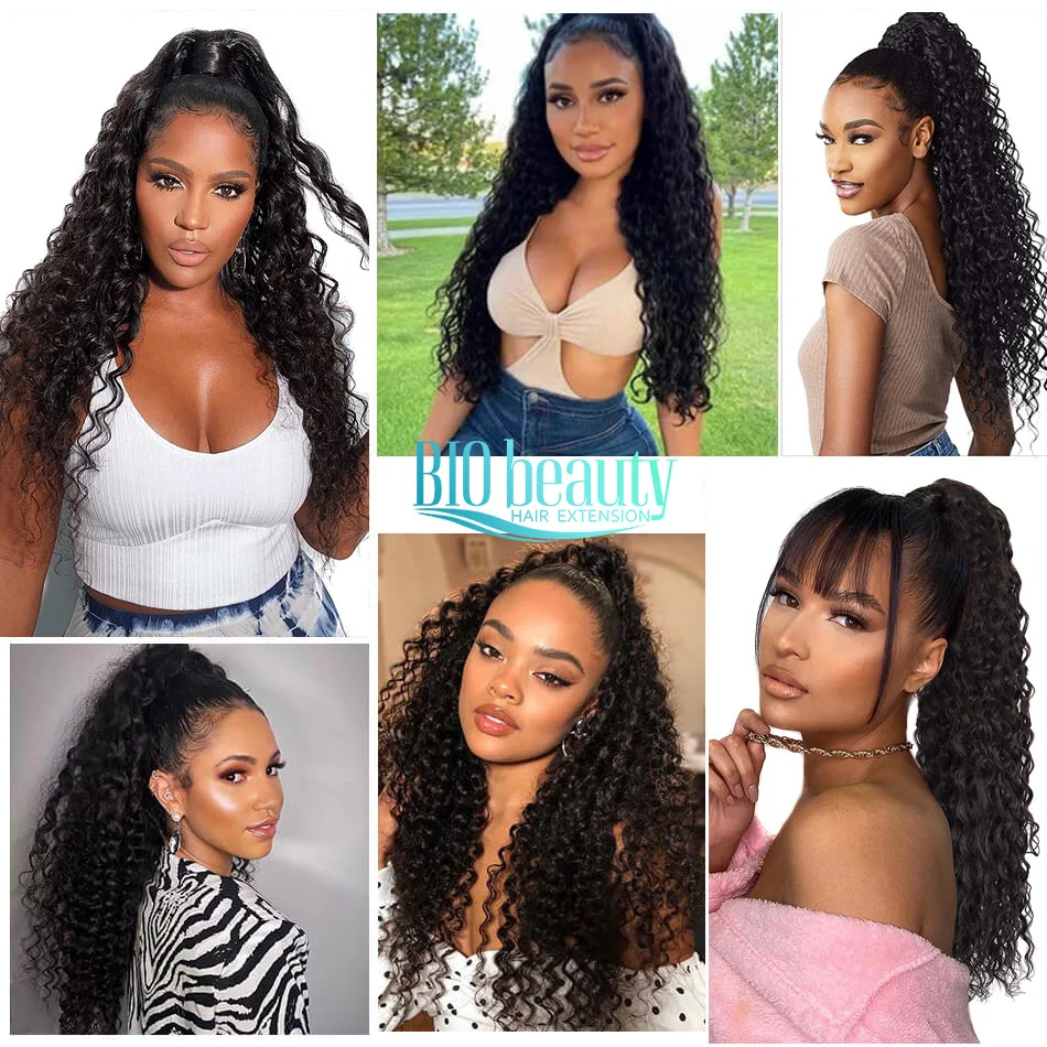 Water Wave Ponytail Wig Pony Tail Fake Hair Extension Synthetic Clip In Drawstring Ponytails Corn Wave Long 30Inch Thick Curls