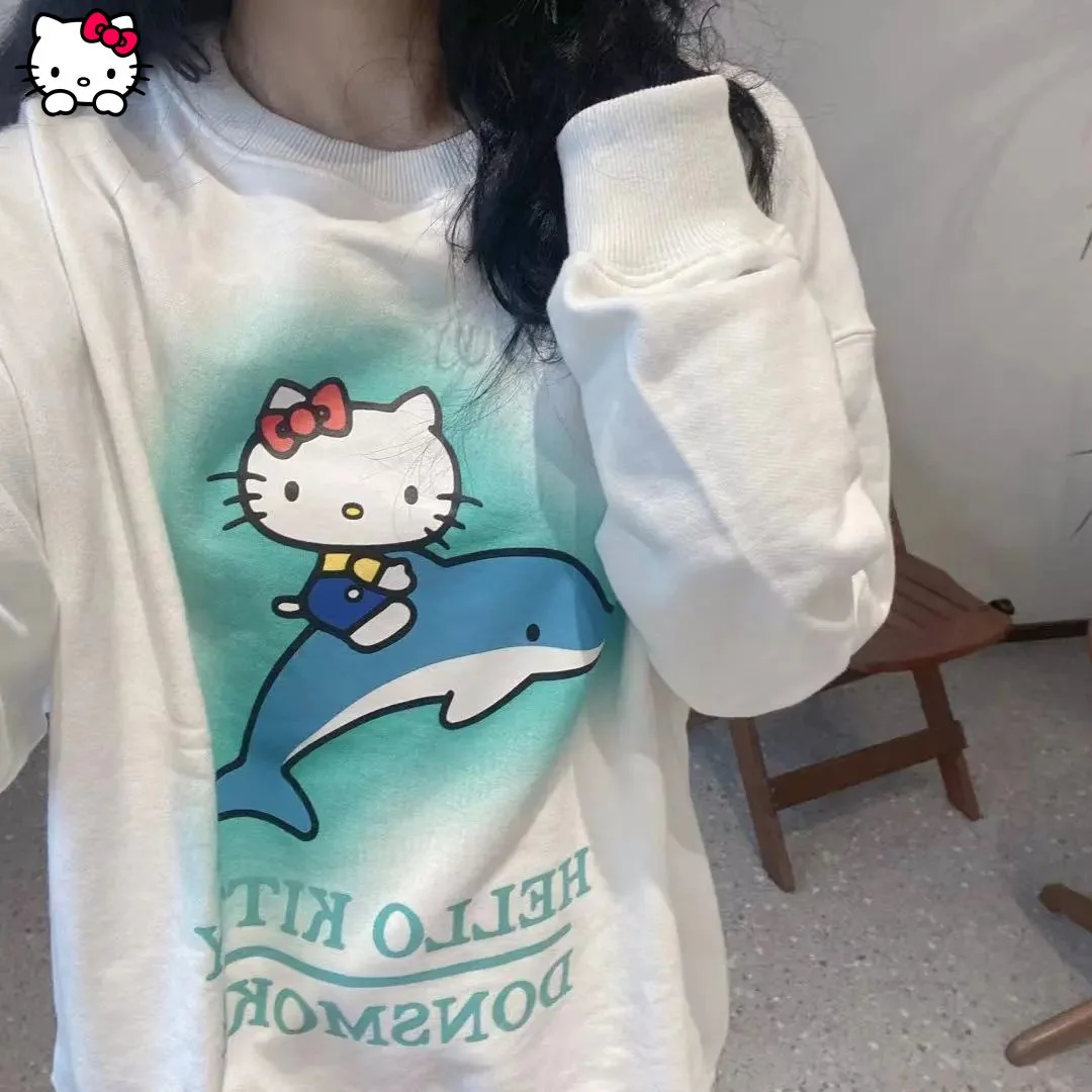 Sanrio-suéter Vintage de algodón con estampado de Hello Kitty y Delfín para mujer, camiseta de manga larga, ropa informal de estilo Y2k, novedad de 2021