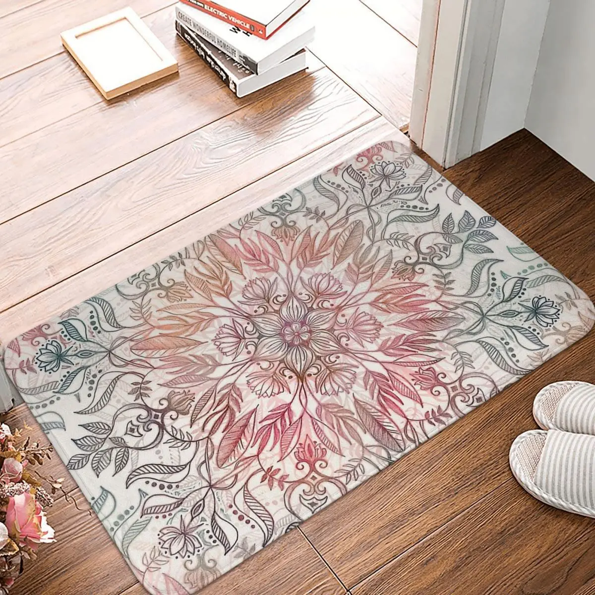 

Bohemian Anti-Slip Doormat Bath Mat Autumn Spice Mandala In Coral, Cream And Rose Balcony Carpet Entrance Door Rug Indoor Decor