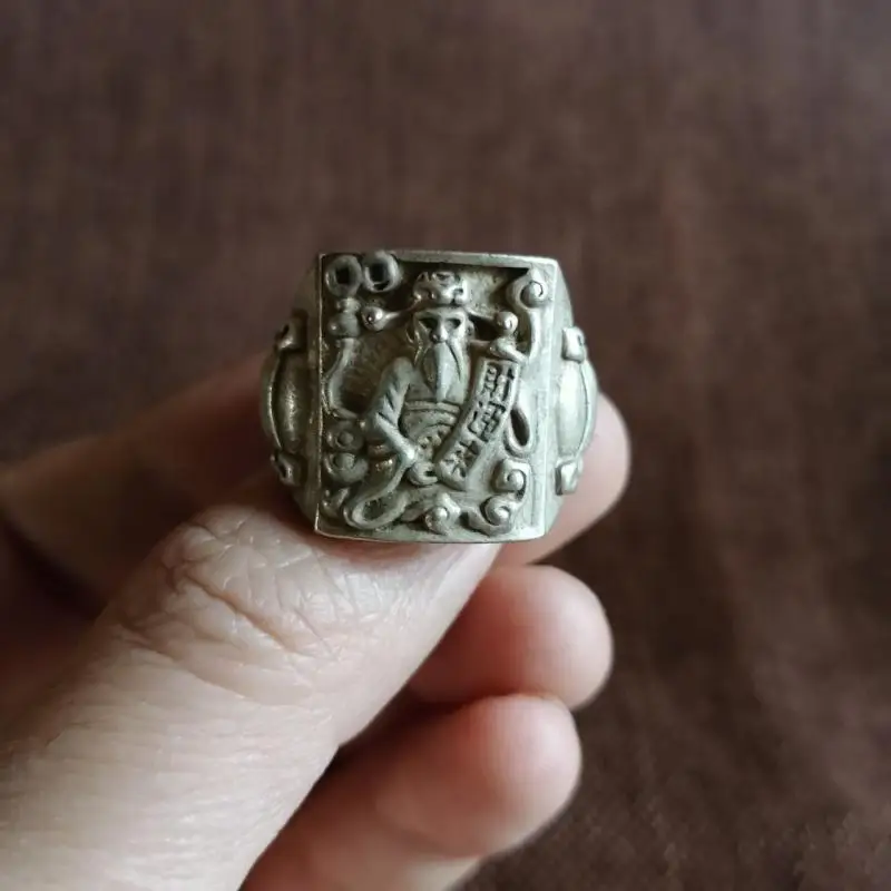

1.2" Chinese Hongshan Culture Silver Carved Mammon Money Wealth God Finger Ring