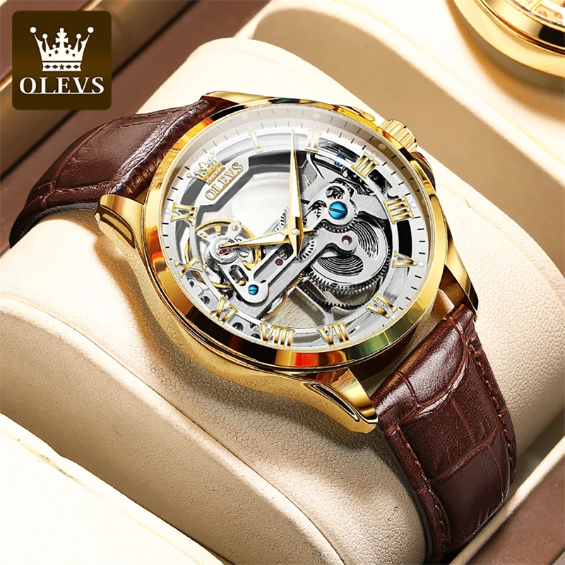 OLEVS Fashion Transparent Skeleton Mechanical Watch Men Leather Waterproof Luminous Hands Steampunk Automatic Watches for Mens