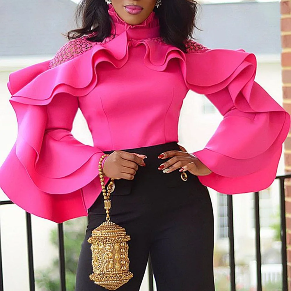 

Elegant Ruffle Women Blouses Sexy Lace Mesh Patchwork Designer Autumn Fashion Party Club Shirt White Blouse Long Sleeve 2022