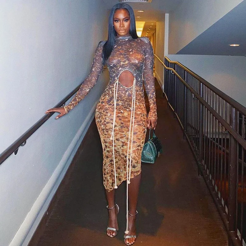 

Sexy Open Waist Wrapped Hip Mesh Dress Women Round Neck Long Sleeve Bodycon Female Clothing Streetwear Asymmetry Hem Cut Dress