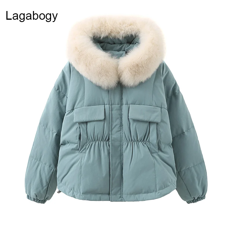 Collar Winter Short Real Hooded Natural Fur Puffer Jacket 90%White Duck Down Coat Warm Loose Parka Long Sleeve Outwear
