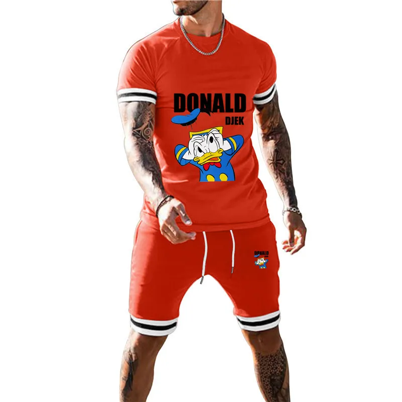 

Disney Donald Duck Summer Suit Fitness Fashion Men's Casual Sports Suit Large Size Sports Short-sleeved T-shirt + Shorts 2 Set