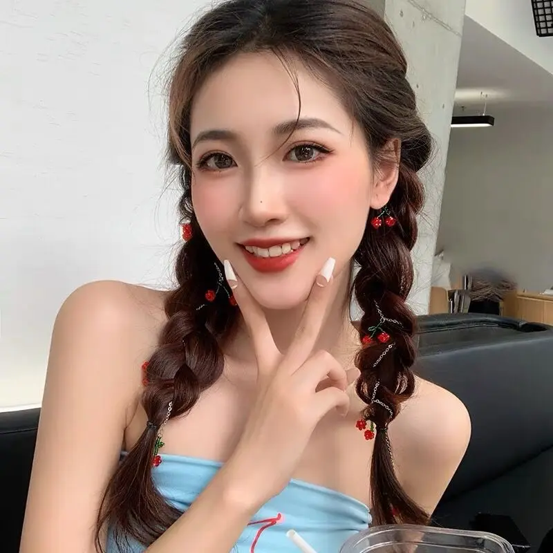 

Cherry Crystal Long Chain Beaded Summer Beach Young Girl Hair Artifact Pearl Tassel Edge Clip Hair Ornament Gift 2022