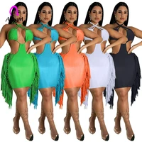 off shoulder women mini dress solid tassel bandage hollow out bodycon dress 2022 summer sexy backless night club party vestidos