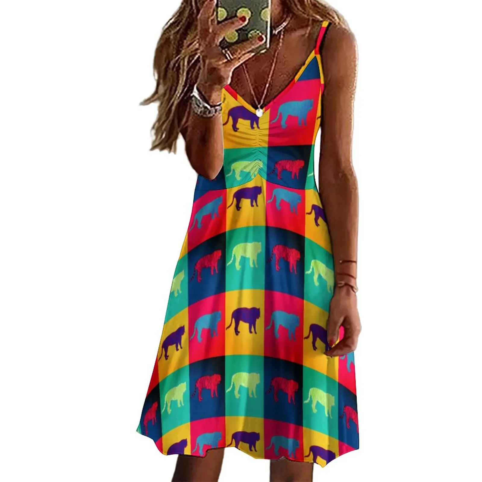 

Красочное женское платье в стиле поп-арт, милые летние платья с высокой талией, корейское модное Повседневное платье с принтом