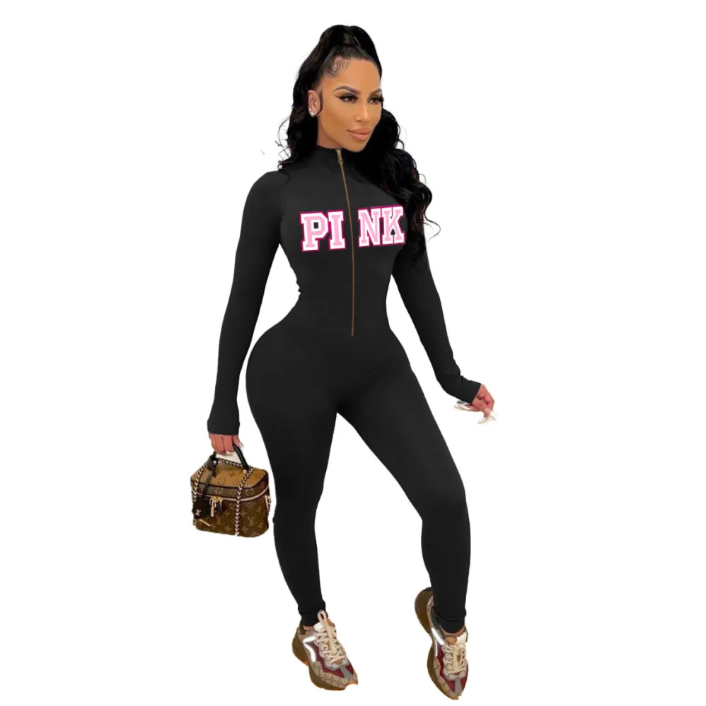 Женский облегающий комбинезон на молнии с длинным рукавом и V-образным вырезом