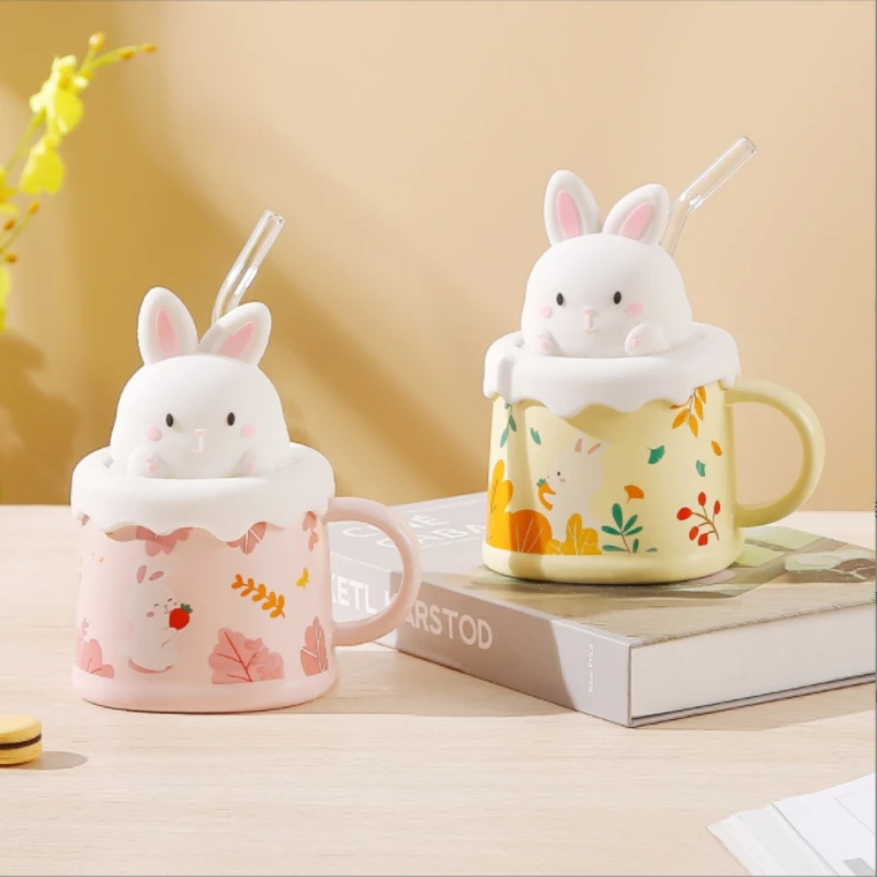 

Креативная кружка с милым кроликом и крышкой, домашняя чашка для влюбленных с ручным подарком, керамическая чашка 350 мл