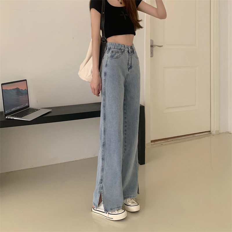 N1439    New design straight slit jeans high waist loose all-match thin wide-leg pants jeans