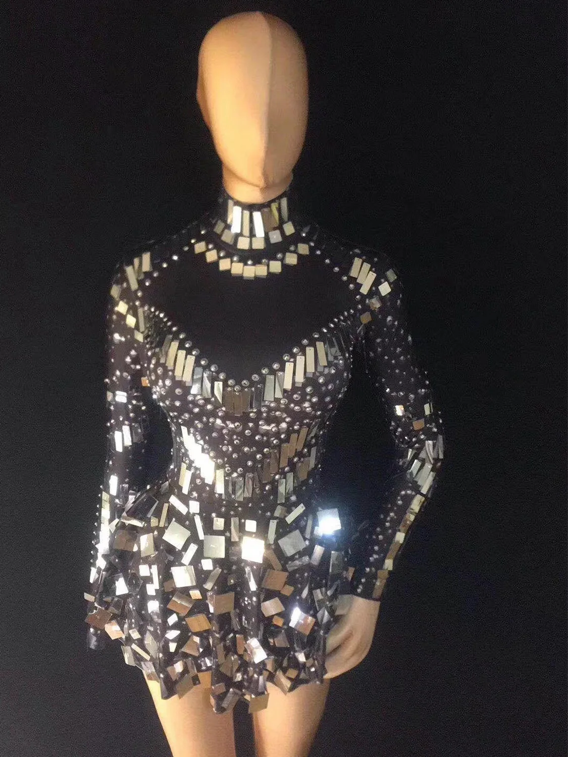 

Черное и телесное блестящее зеркало стразы сексуальное платье для женщин для ночного клуба DJ ткань для выпускного вечера танцевальная одежда сценические костюмы