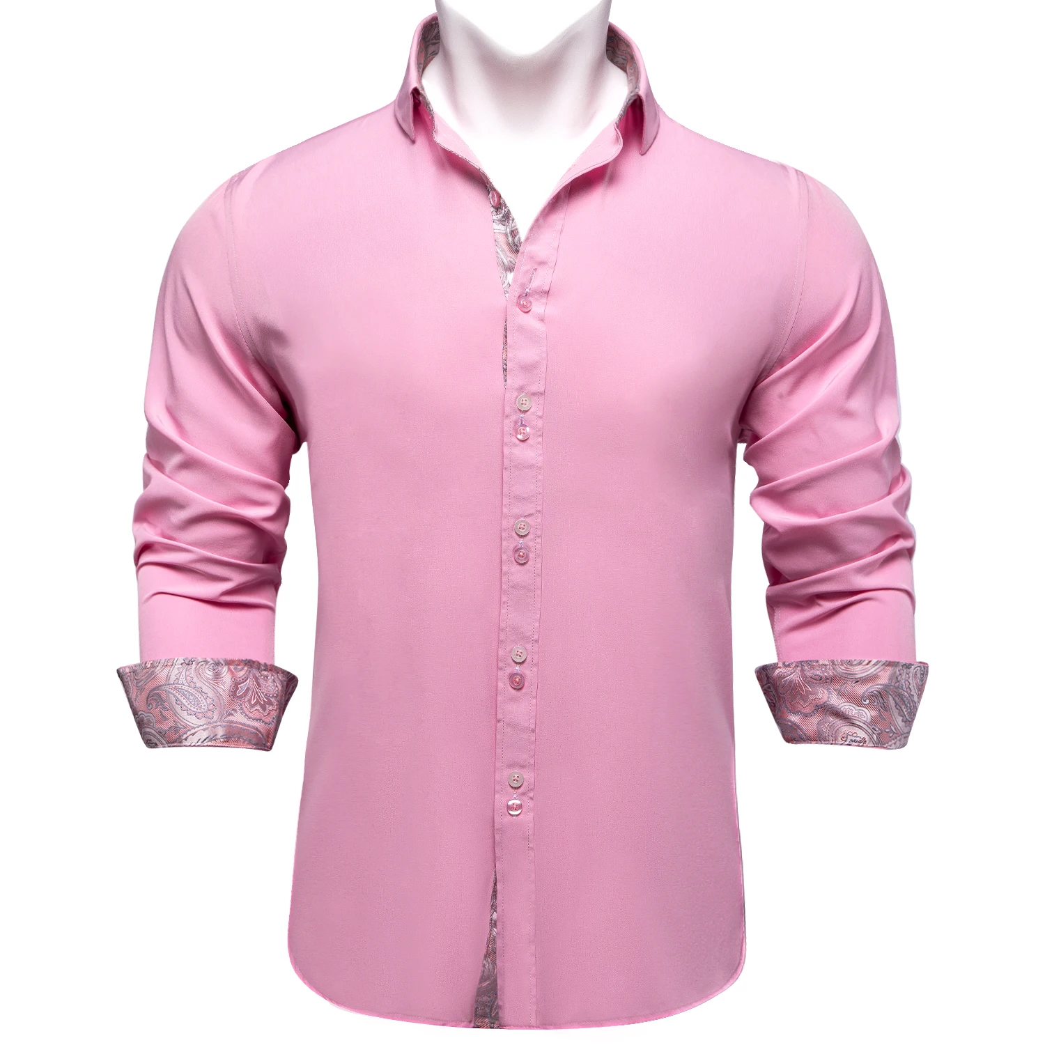Solid Pink Camisa Masculina Man Shirt Spring Autumn Long Sleeve Blouse Party Shirt For Men Button-Down Patchwork Collar Man Wear
