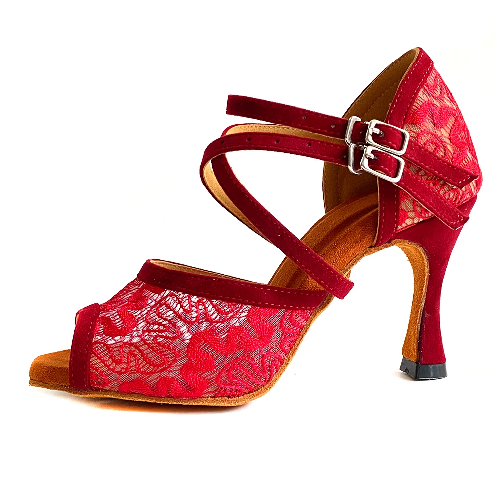 Latin Ballroom Dance Shoes Sexy Party Dance Shoes Cuban Heel 9cm  8cm 7cm New Style Red Lace Salsa Dance Shoes in Suede Outsole