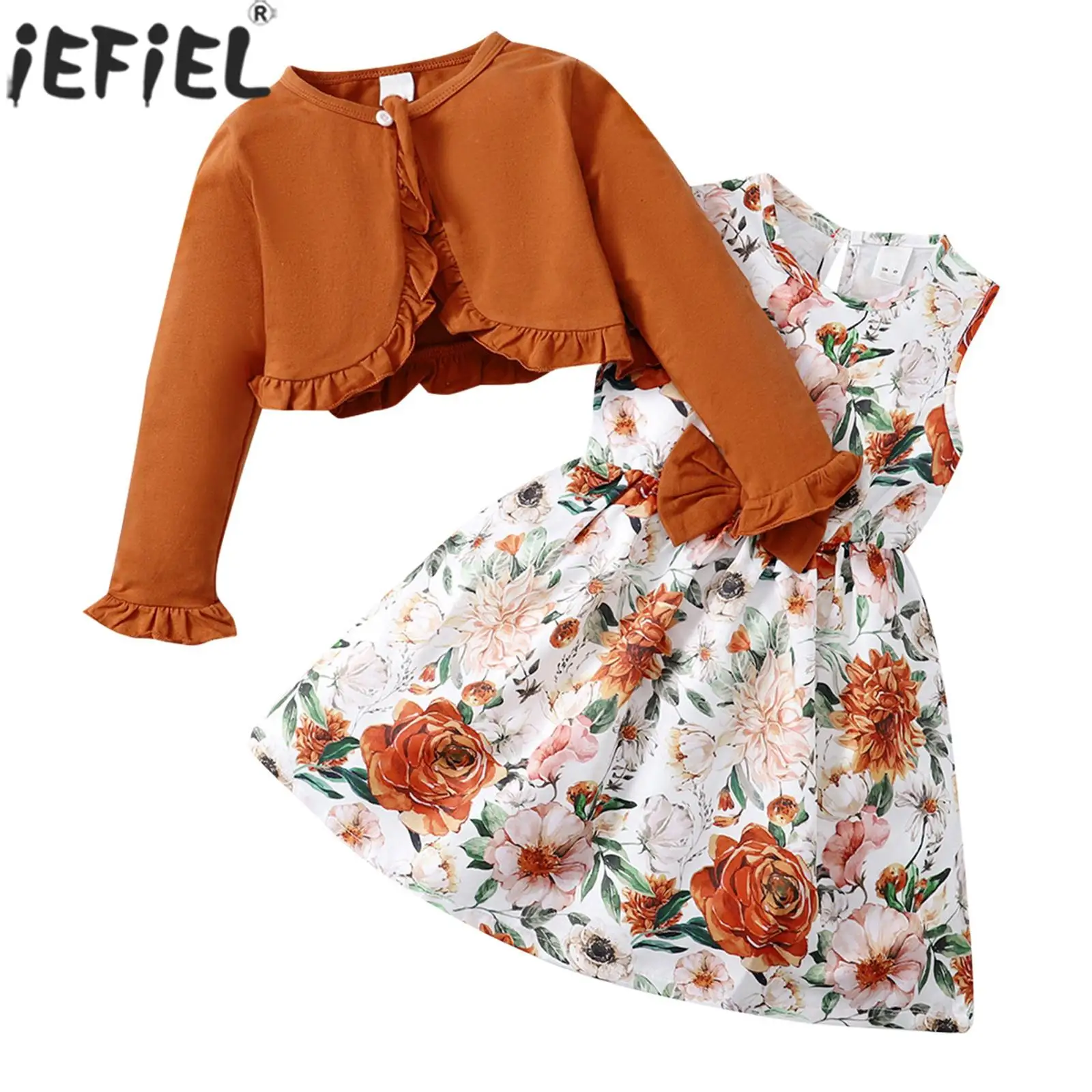 

Kids Girls Spring Autumn Casual Outfit Sleeveless Print Bowknot Dress with Long Sleeve Ruffled Cardigan School Daily Party Suit