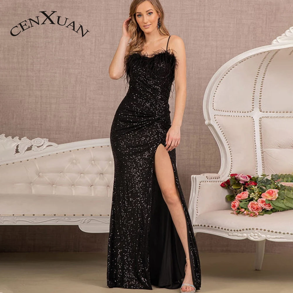 

CENXUAN Feathers Slit Mermaid Prom Evening Dresses Sweetheart Backless Spaghetti Strap Zipper Party Dresses 2023 Made To Order