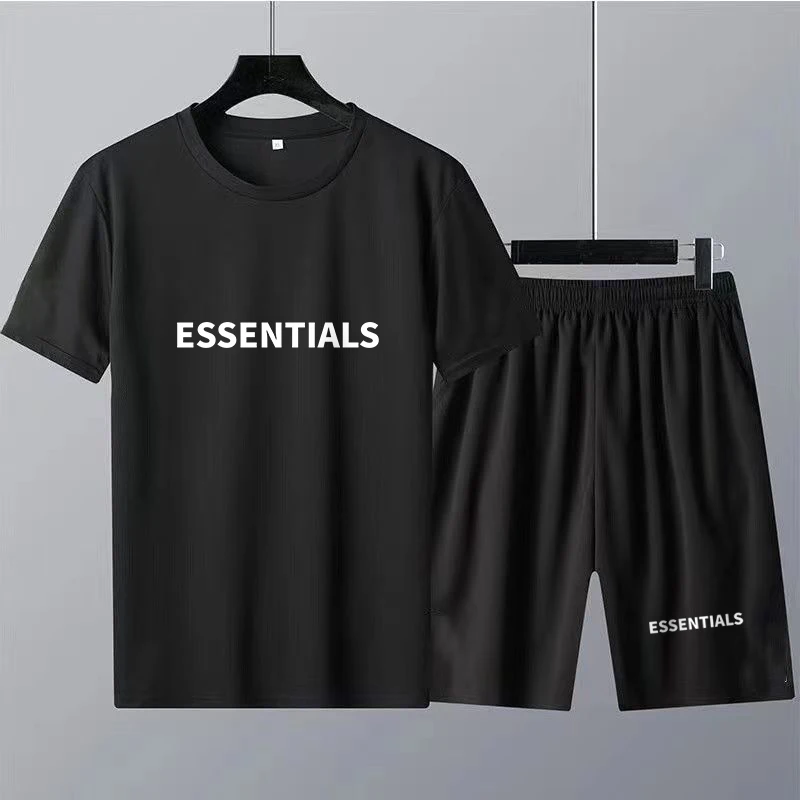 Summer New Cotton Men T-Shirt Sets Designer Luxury Brand ESSENTIALS Letter Print Beach Style Shorts Tracksuit 2 Piece Outfits