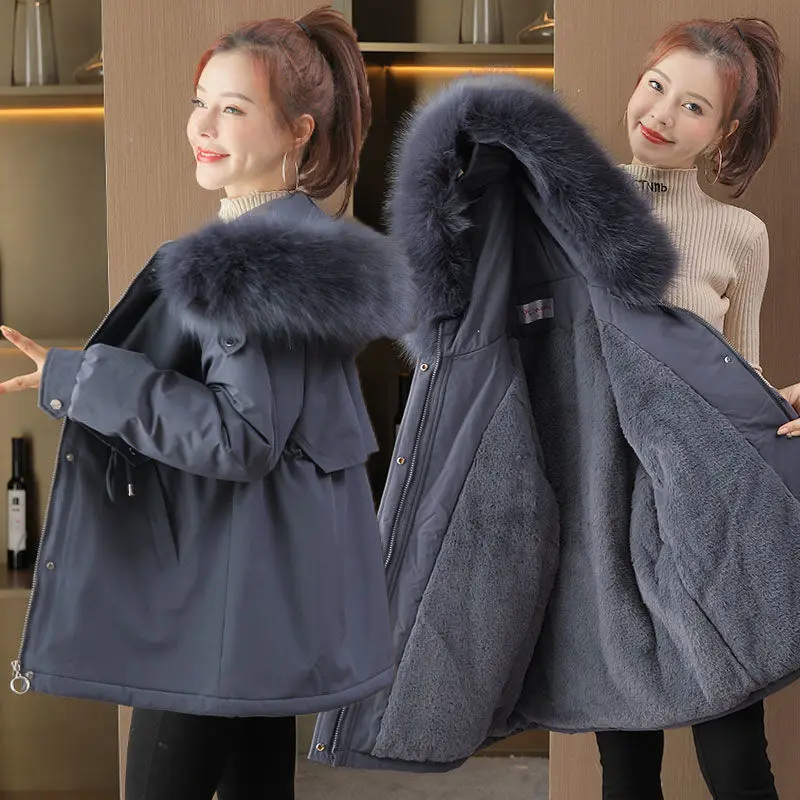 

2022 Winter New Women Hooded Parka Down Jacket Design Sense Large Pocket Plus Velvet Warm Large Fur Collar Solid Color Coats