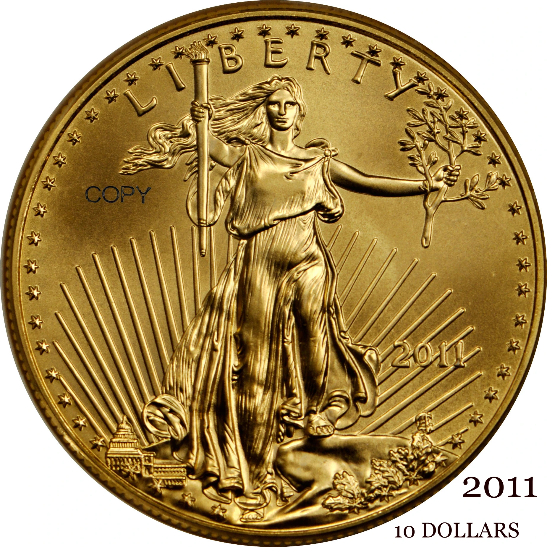 United States US 2011 10 Ten Dollars Quarter Ounce  American Gold Eagle Bullion Coinage USA Liberty Gold Brass Metal Copy Coin