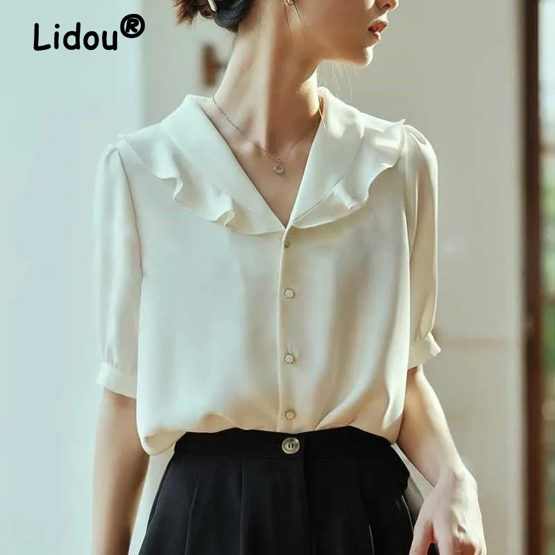 

Ruffled Collar White Chiffon Blouse 2022 Spring Summer Sweet Style Shirt Short Sleeve Casual Shirt for Female Fashion Clothing