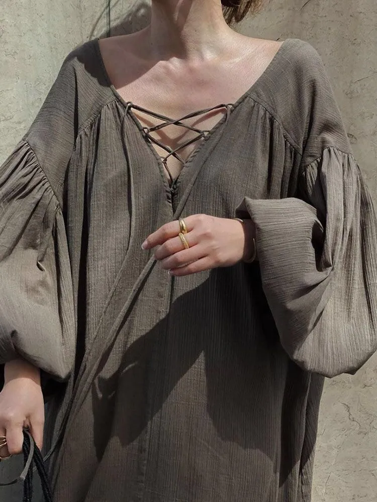 Платье женское длинное из хлопка и льна с V-образным вырезом открытой спиной