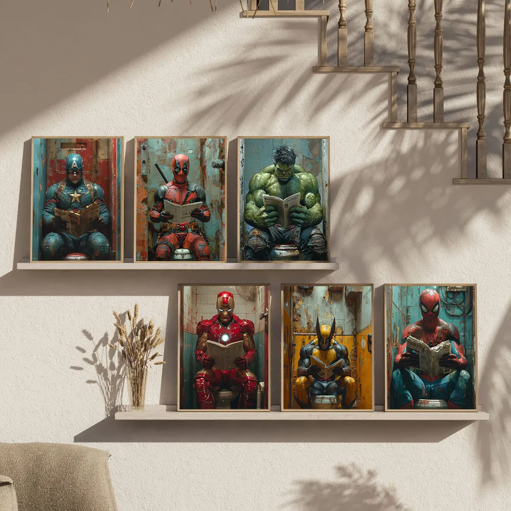 Забавный супергерой в туалете с газетами холст картина печать ретро ванная