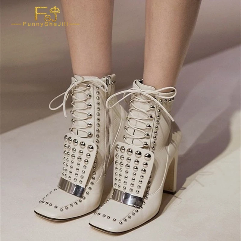 

Ivory White Studded Lace-Up Ankle Boots Square Toe Chunky Block Heel Ankle Booties Women'S Large Size 15 16