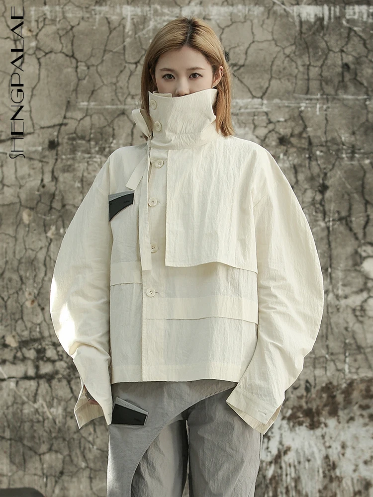 

SHENGPALAE Korean Fashion Jacket Functional Style High Neck Casual Loose Curved Sleeve Coat Women 2023 Summer New Clothing R2418