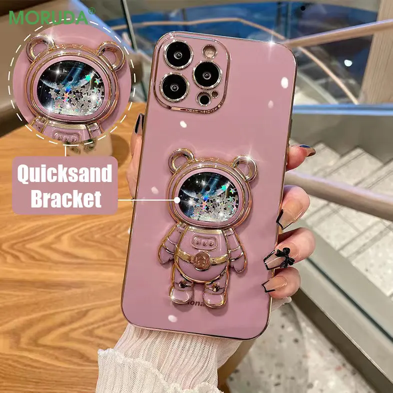 

Quicksand Astronaut Bracket Phone Case for iPhone 14 Pro 11 12 13 Pro Max Mini 7 8 Plus SE XR Xs Max Glitter Bear 3D Stand Cover