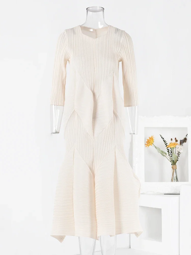 

Оригинальное элегантное плиссированное платье миаке для женщин, однотонные платья с круглым вырезом и длинными рукавами, дизайнерская женская одежда, новинка 2023