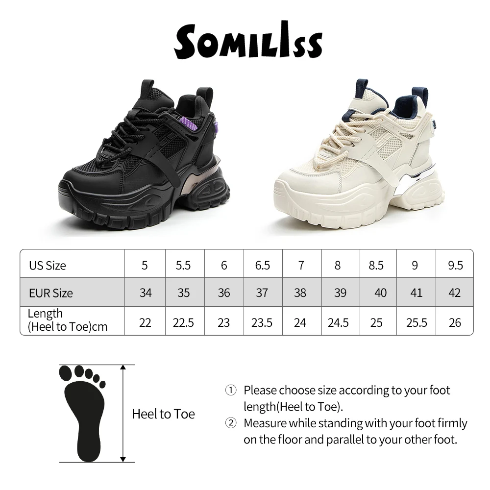 Somiliss Women Casual Sneakers Genuine Leather 10cm Thick Heel Lace-Up Round Toe Fashion Platform Ladies Chunky Sneaker Shoes