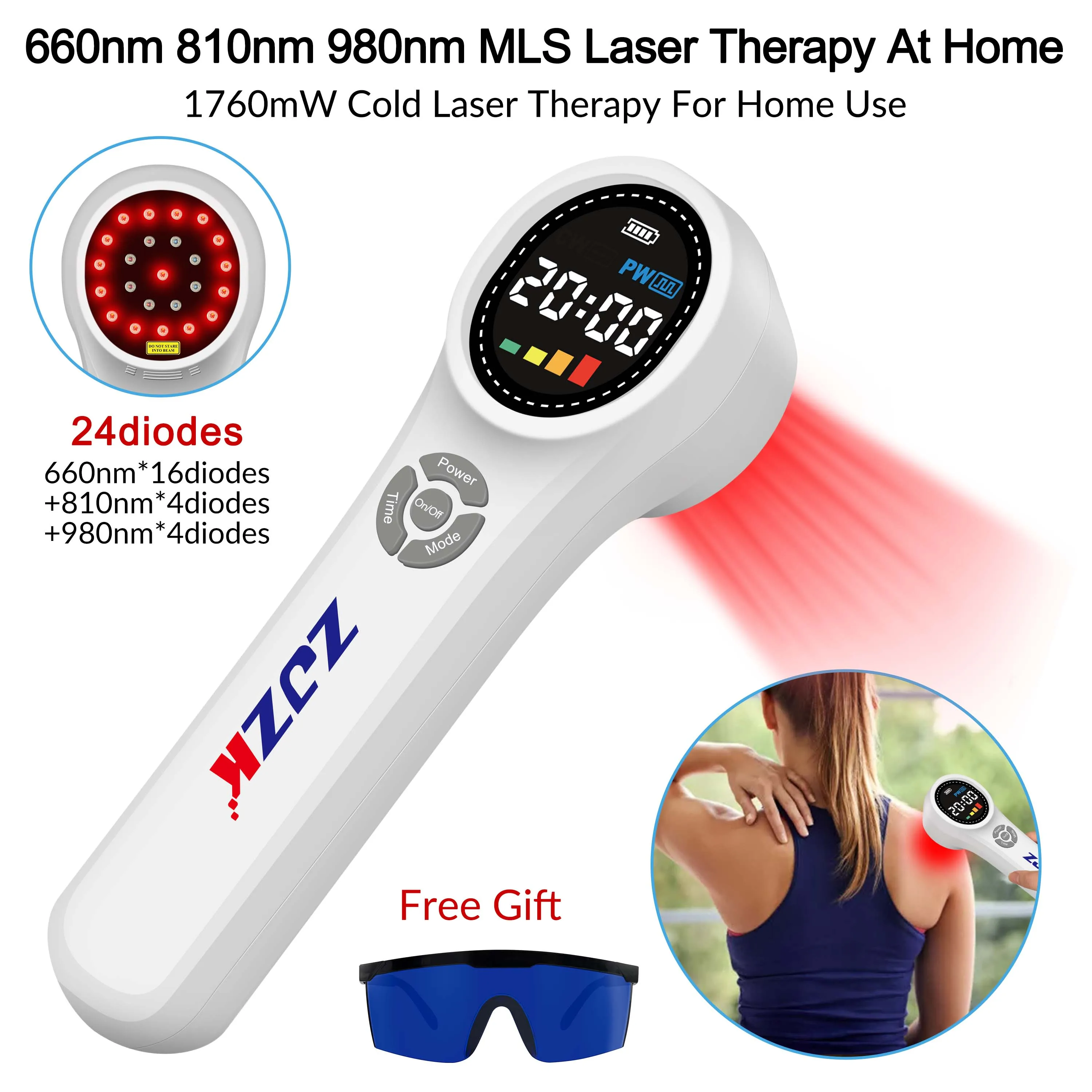 ZJZK 1760 мВт лазер на колене безопасный для домашних животных 660 нм x 16 диодов