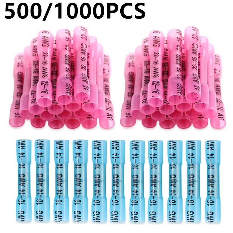 

500/1000PCS Red Heat Shrink Crimp Terminals Waterproof Fully Insulated Seal Butt Electrical Wire Connectors 22-16 AWG Kit