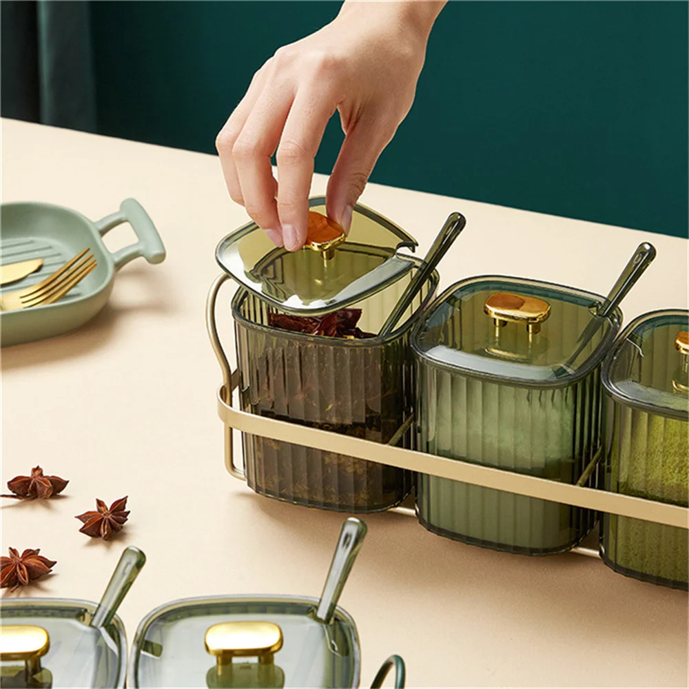 Luxury Sauce Container Set Salt Sugar Storage Box Sets With Cover Handle Spoon Kitchen Portable High Quality |