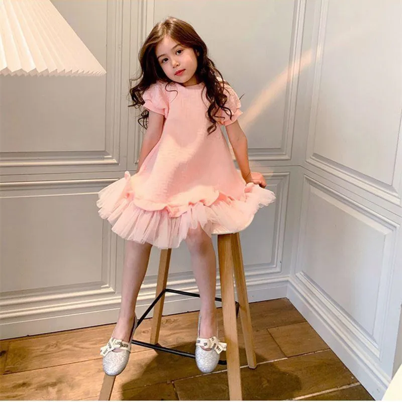

New Fashion Kids Clothes Summer Girls Dress 2023 Pink Short Sleeve Mesh Wedding Party Princess Dress For 2-10 Years
