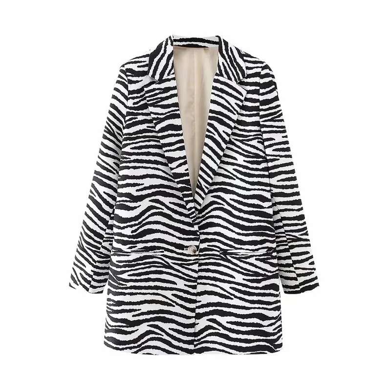 

Korean Fashion Zebra-Stripe Blazer Suit Women Contrast Striped Mid Length Office Blazer 2021 Single Button Casual Commute Coats