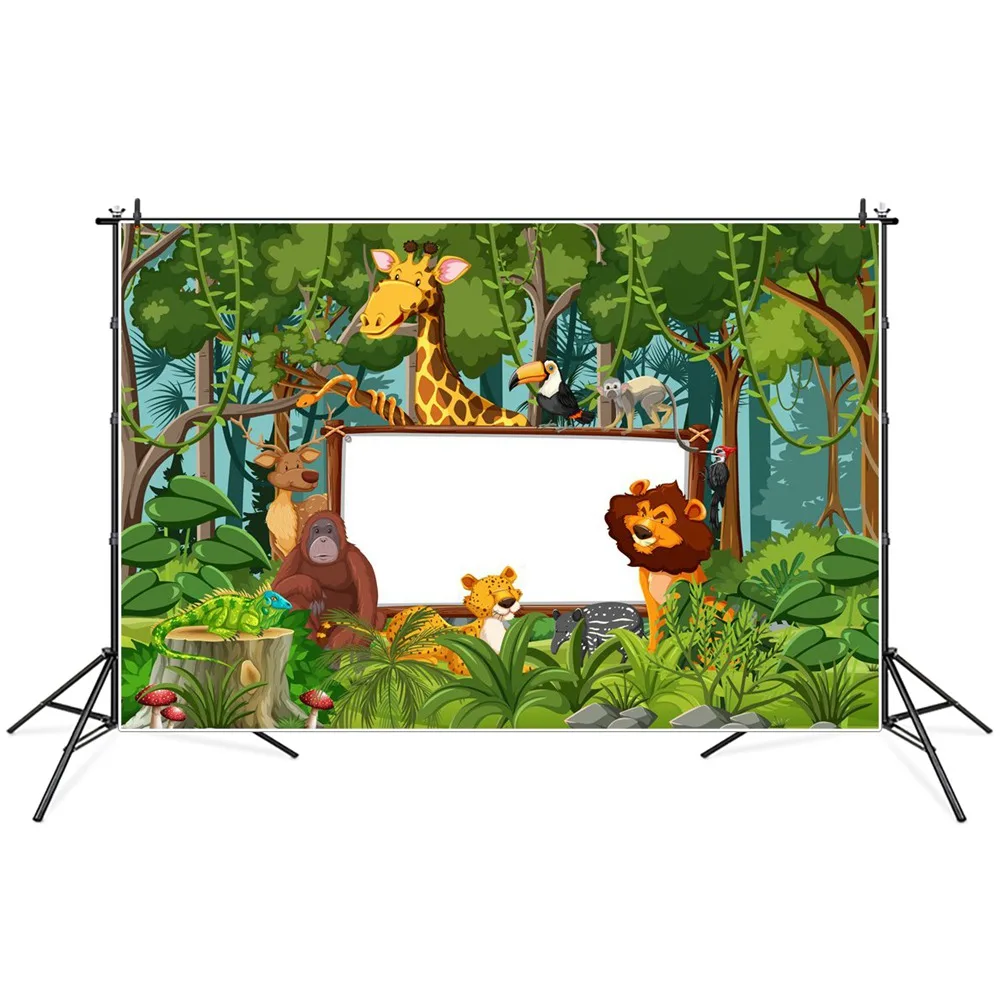 

Jungle Forest Animals Safari Party Decoration Photography Backgrounds Banner Custom Vine Lion Tree Baby Birthday Photo Backdrop