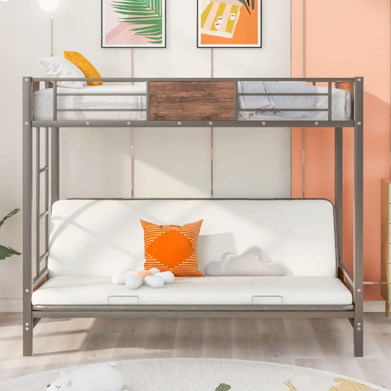 

[Flash Deal]Twin Over Button Bunk Bed Metal Futon Bunk Bed Frame with Guardrail and Ladder Unique Style Three In One[US Stock]