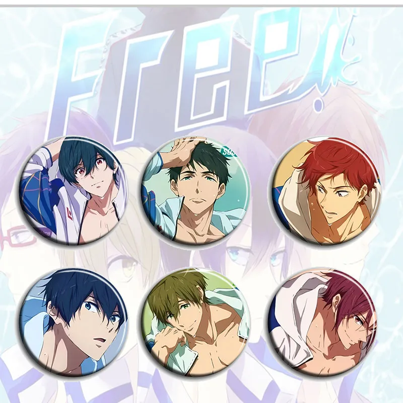 

6pcs/1lot Anime Free! Nanase Haruka Tachibana Makoto Figure 4270 Metal Badges Round Brooch Pin Badge Bedge Gifts Kids Toy