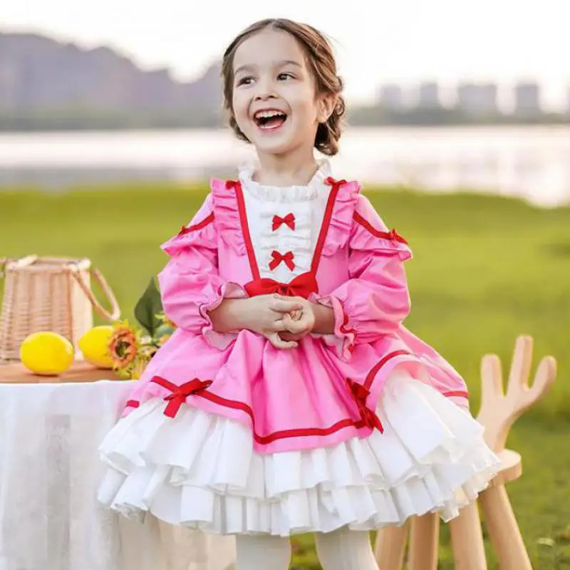 Baby Girls Lolita Dress Spring Autumn Loose Layered Ruffle Hem Dresses With Bow Toddler Kids Sweet Princess Gowns Clothes